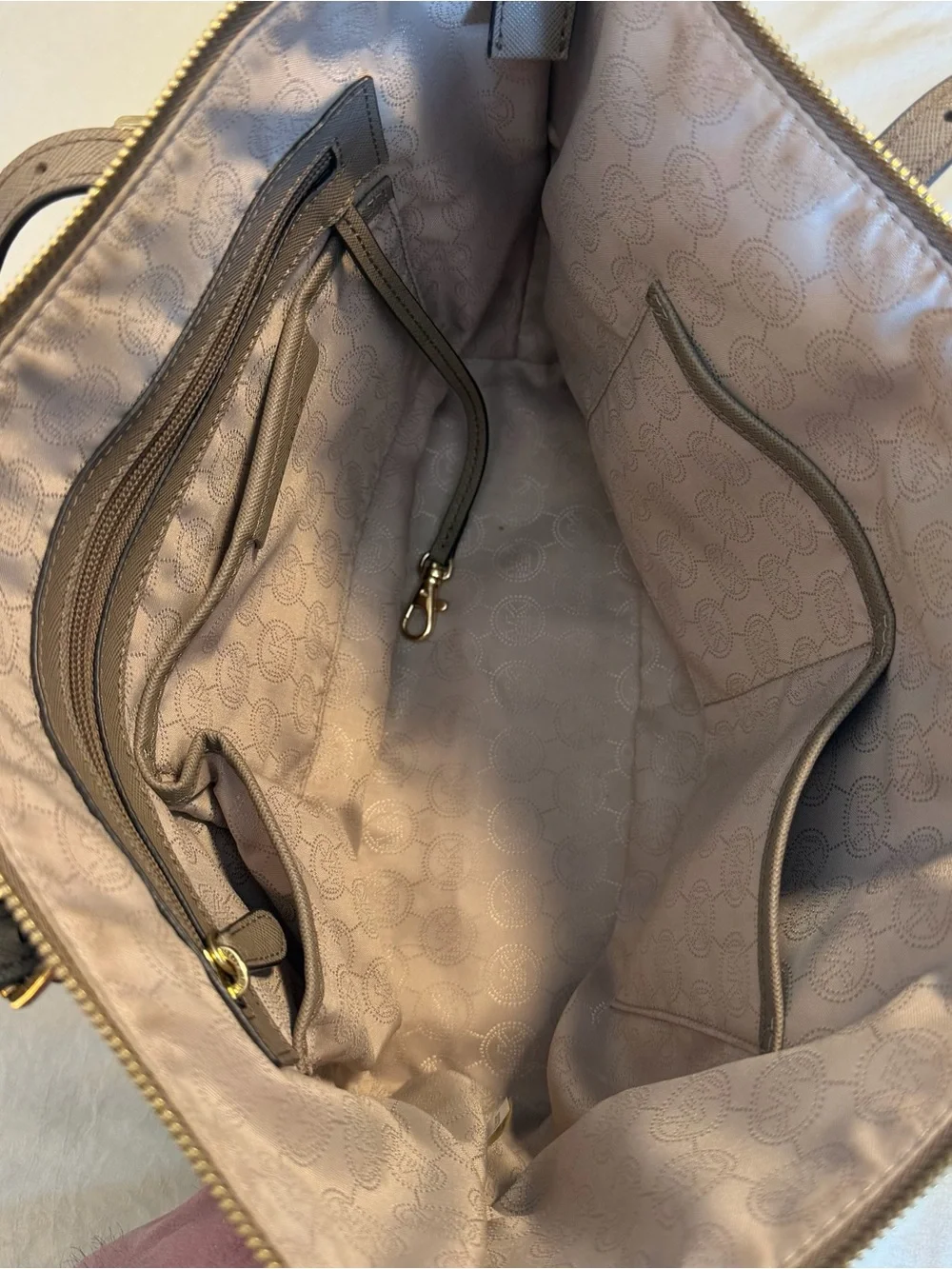 Michael Kors Taupe Saffiano Leather Tote with Gold Logo Charm